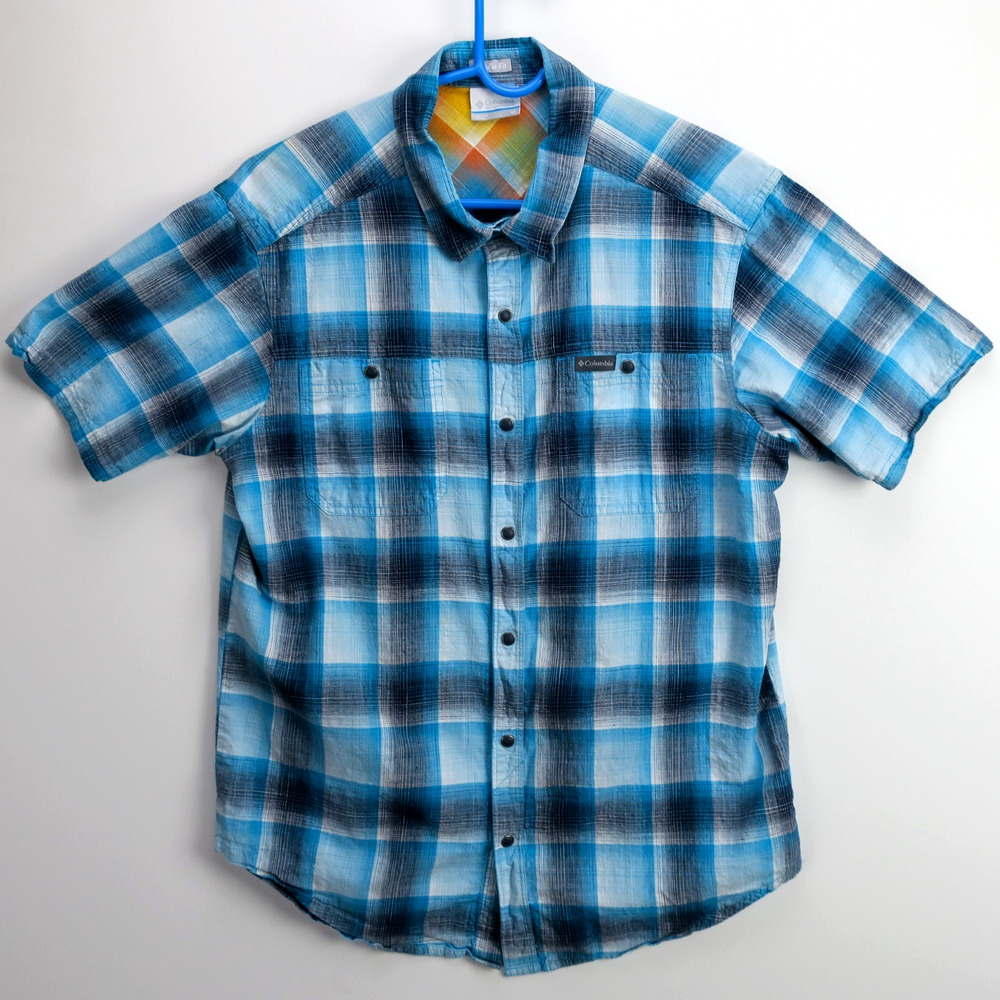 Columbia Mens Medium Blue Plaid Snap Front Short Sleeve Shirt Cotton Outdoor
